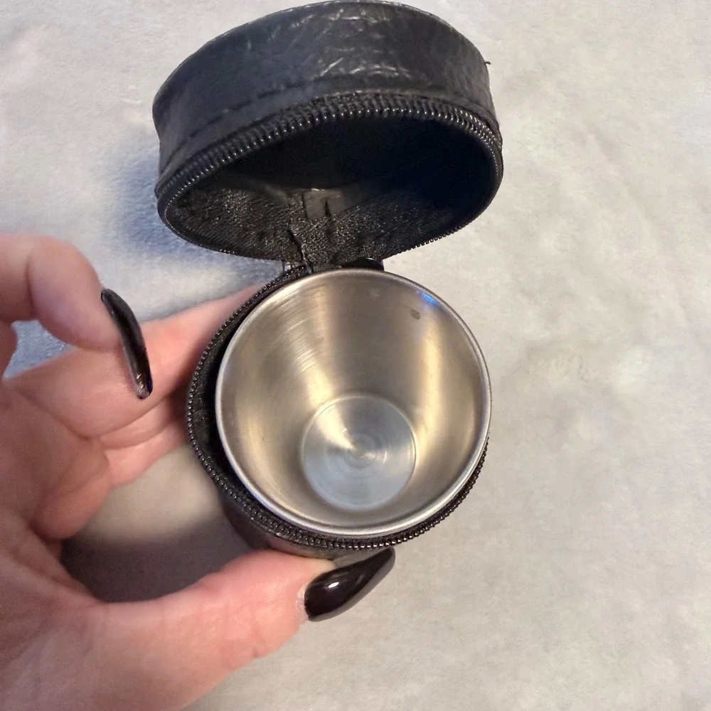 Vntg Stainless Steel Travel 4 Shot Glass Set Black Zipper Case Camping Barware